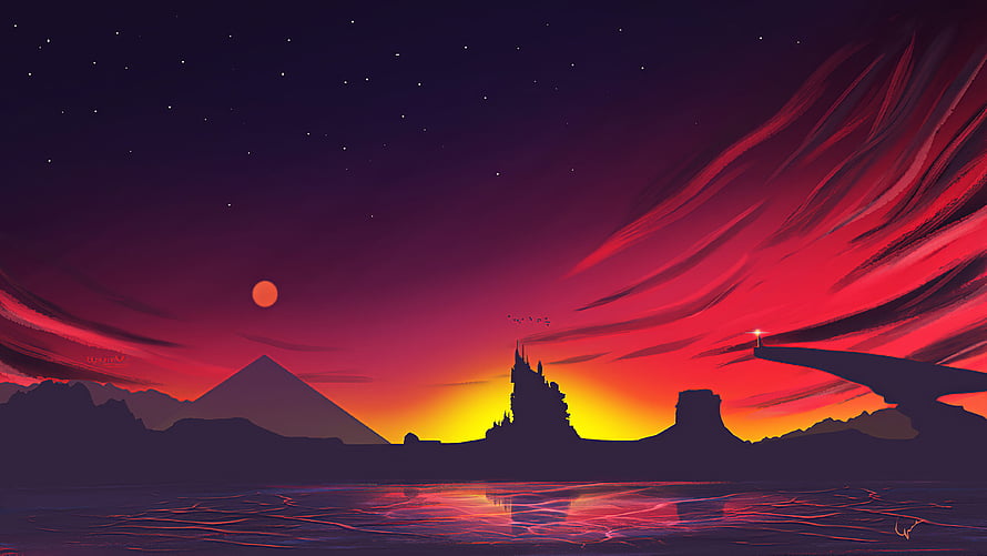 Minimalist Digital Art of a Dramatic Sunset Over Silhouetted Mountains and Water HD wallpaper