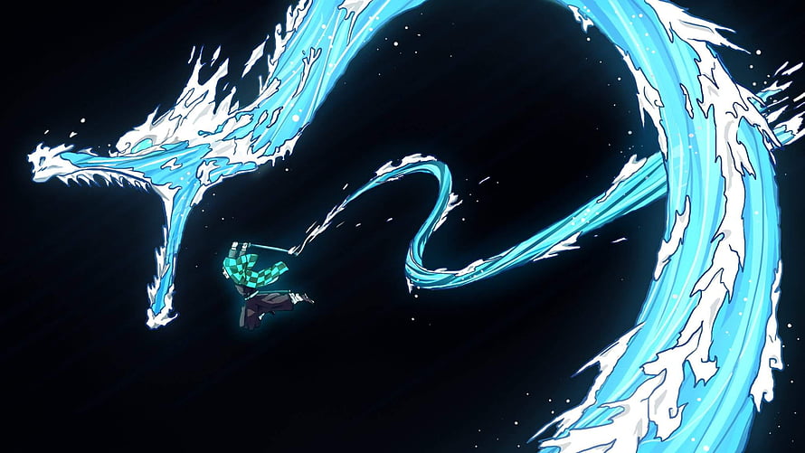 Tanjiro unleashes Water Breathing with a massive blue dragon against a dark background HD wallpaper