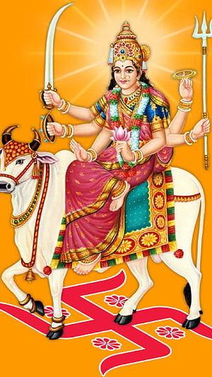 Umiya Maa Riding White Bull with Sword and Trident on Orange Background HD phone wallpaper