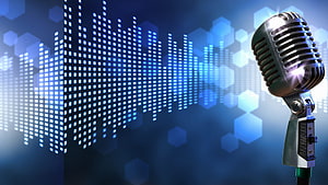 Vintage Studio Microphone with Digital Audio Waveform Visualization on Blue Background HD wallpaper
