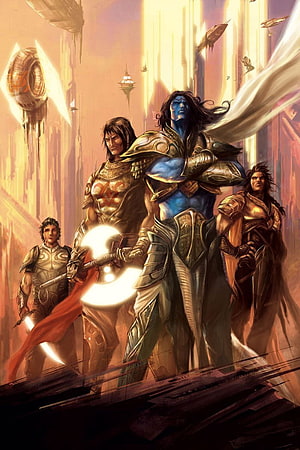 Epic Fantasy Warriors in Golden Armor with Glowing Sword and Floating Airships HD phone wallpaper