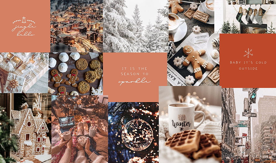 Cozy Winter Aesthetic Christmas Collage with Gingerbread and Snowy Scenes HD wallpaper