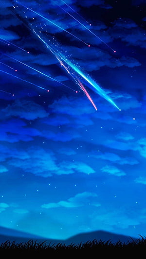 Your Name Anime Night Sky with Meteor Shower and Star Trails Over Silhouetted Hills HD phone wallpaper