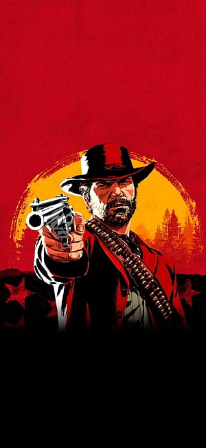 Arthur Morgan from Red Dead Redemption 2 Aiming Revolver Against Red Sky HD phone wallpaper