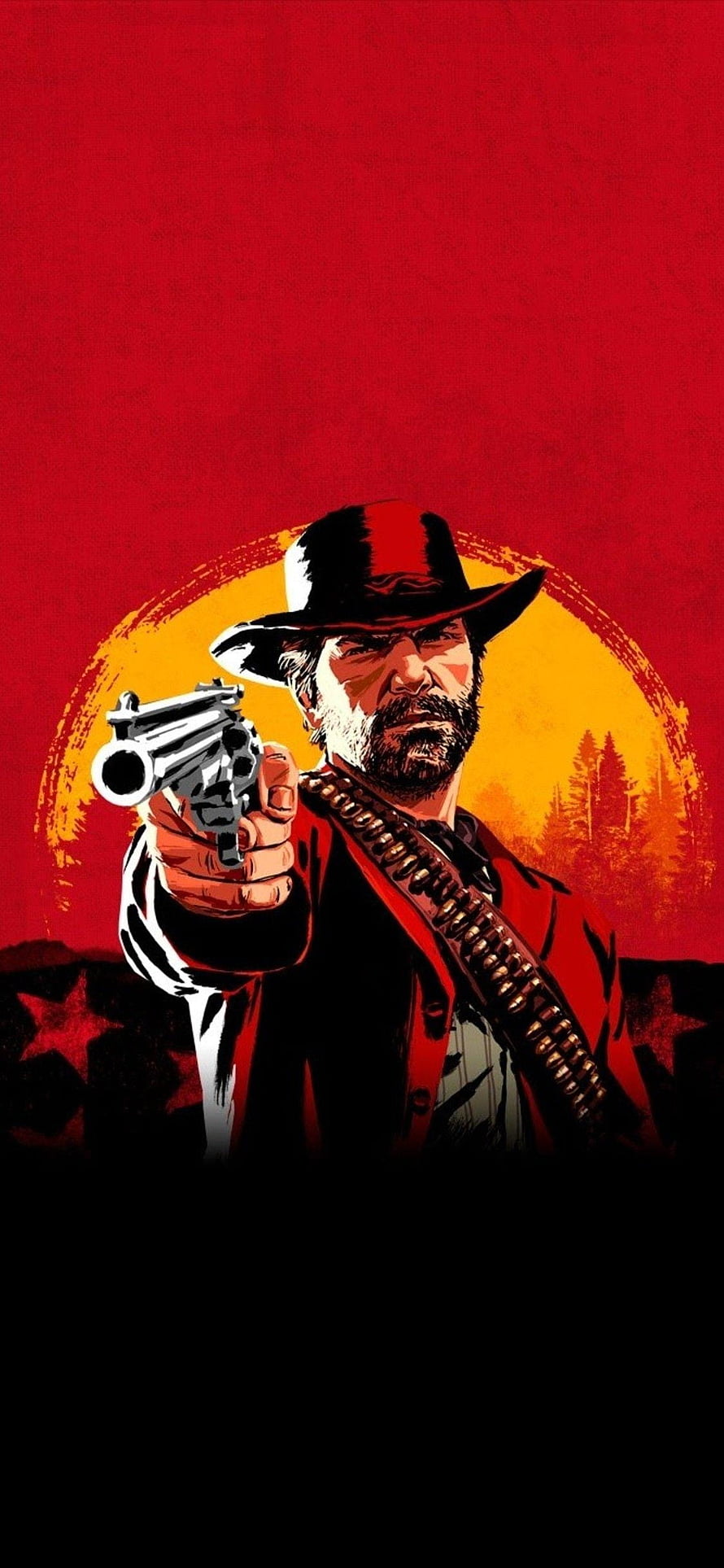 Arthur Morgan from Red Dead Redemption 2 Aiming Revolver Against Red Sky HD phone wallpaper