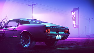 Classic 1969 Ford Mustang Rear View Under Neon Motel Sign at Night HD wallpaper