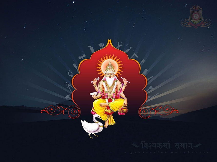 Lord Vishwakarma Seated on Lotus with Swan and Tools in Traditional Indian Art Style HD wallpaper