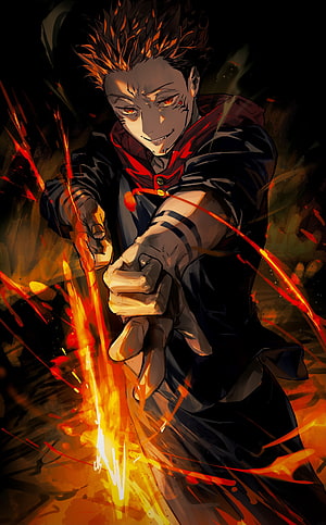 Ryomen Sukuna Jujutsu Kaisen Anime Character Wielding Fire and Cursed Energy HD phone wallpaper