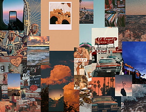 Vintage California Summer Aesthetic Collage with Sunset, Ocean, and Retro Cars HD wallpaper