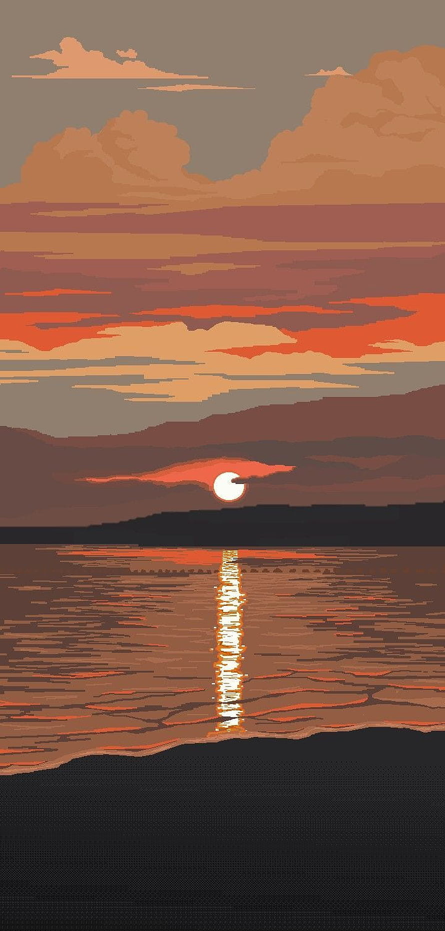 Pixel Art Beach Sunset with Glowing Sun Reflection on Calm Water HD phone wallpaper