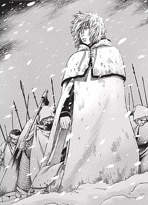 Vinland Saga Manga Panel: Warrior in Fur Cloak Amidst Snowfall and Soldiers HD phone wallpaper