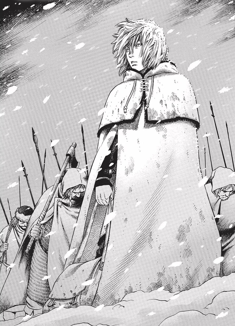 Vinland Saga Manga Panel: Warrior in Fur Cloak Amidst Snowfall and Soldiers HD phone wallpaper
