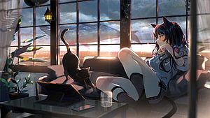 Anime Girl With Cat Ears Relaxing On Sofa With Black Cat At Sunset HD wallpaper