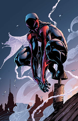 Spider-Man 2099 Crouched on Rooftop with Webbing in Dark Cityscape HD phone wallpaper