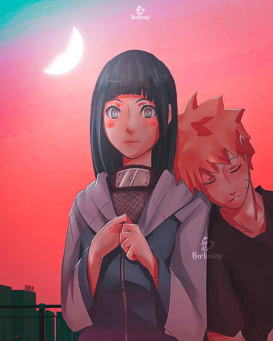 Naruto and Hinata anime illustration with crescent moon and pink sunset sky HD phone wallpaper