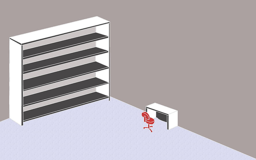 Minimalist Isometric Office Room with White Bookshelf and Red Chair HD wallpaper