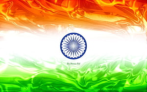 Stylized Indian National Flag with Ashoka Chakra and Liquid Color Waves HD wallpaper
