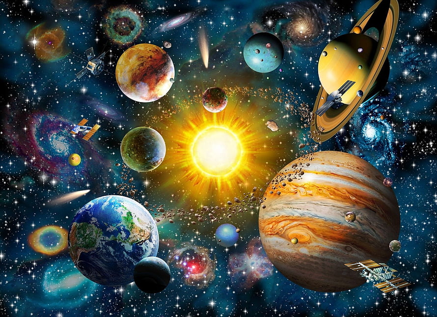 Vibrant Solar System Illustration Featuring Planets, Galaxies, and Spacecraft in Deep Space HD wallpaper