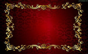 Luxurious Gold Ornate Frame on Deep Red Damask Background HD wallpaper