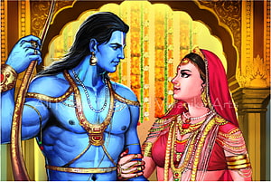 Rama and Sita in Royal Wedding Attire with Bow and Ornate Palace Arch HD wallpaper
