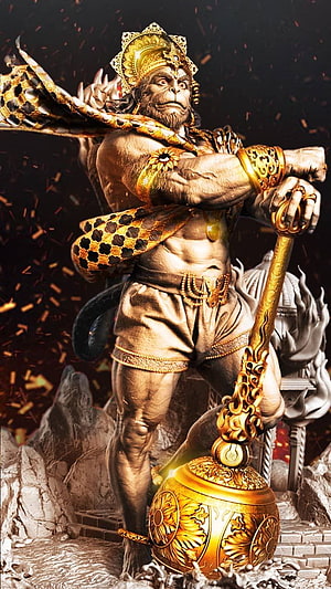Majestic 3D Render of Lord Hanuman Wielding Golden Mace in Dynamic Combat Pose, Lord Hanuman 3D, hanuman ji 3d HD phone wallpaper