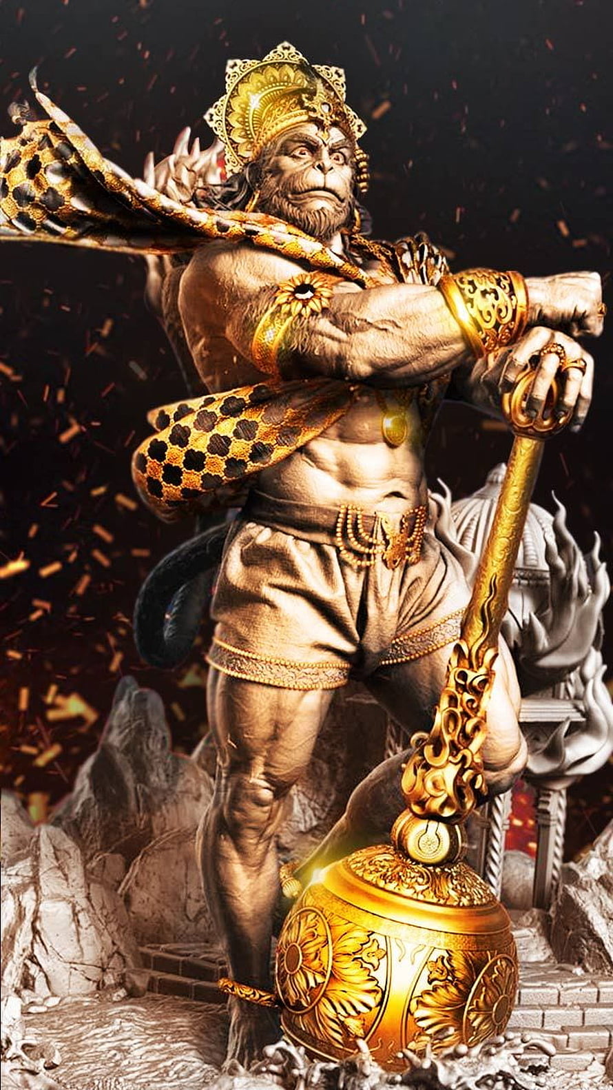Majestic 3D Render of Lord Hanuman Wielding Golden Mace in Dynamic Combat Pose HD phone wallpaper