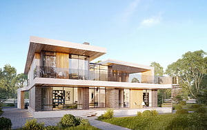 Contemporary Two-Story Residence Featuring Glass Balconies and Wood Accents HD wallpaper