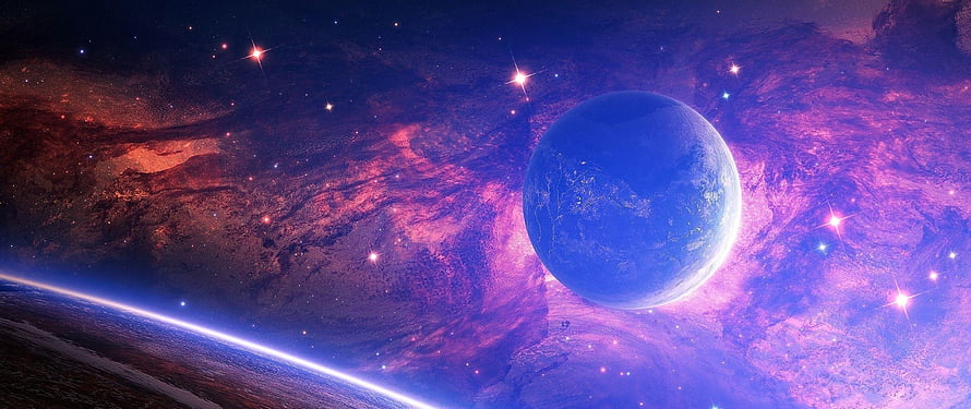 Vibrant Purple Nebula and Blue Planet in Deep Space HD wallpaper