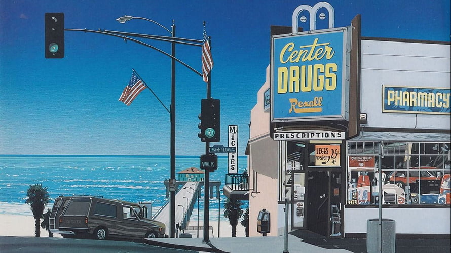 James Usill Coastal Pharmacy Scene with Vintage Van and Ocean View HD wallpaper