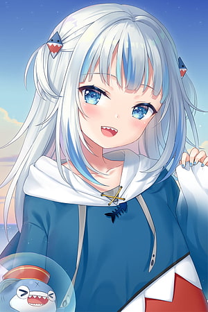 Gawr Gura Anime Girl with White Hair and Blue Eyes in Hoodie HD phone wallpaper