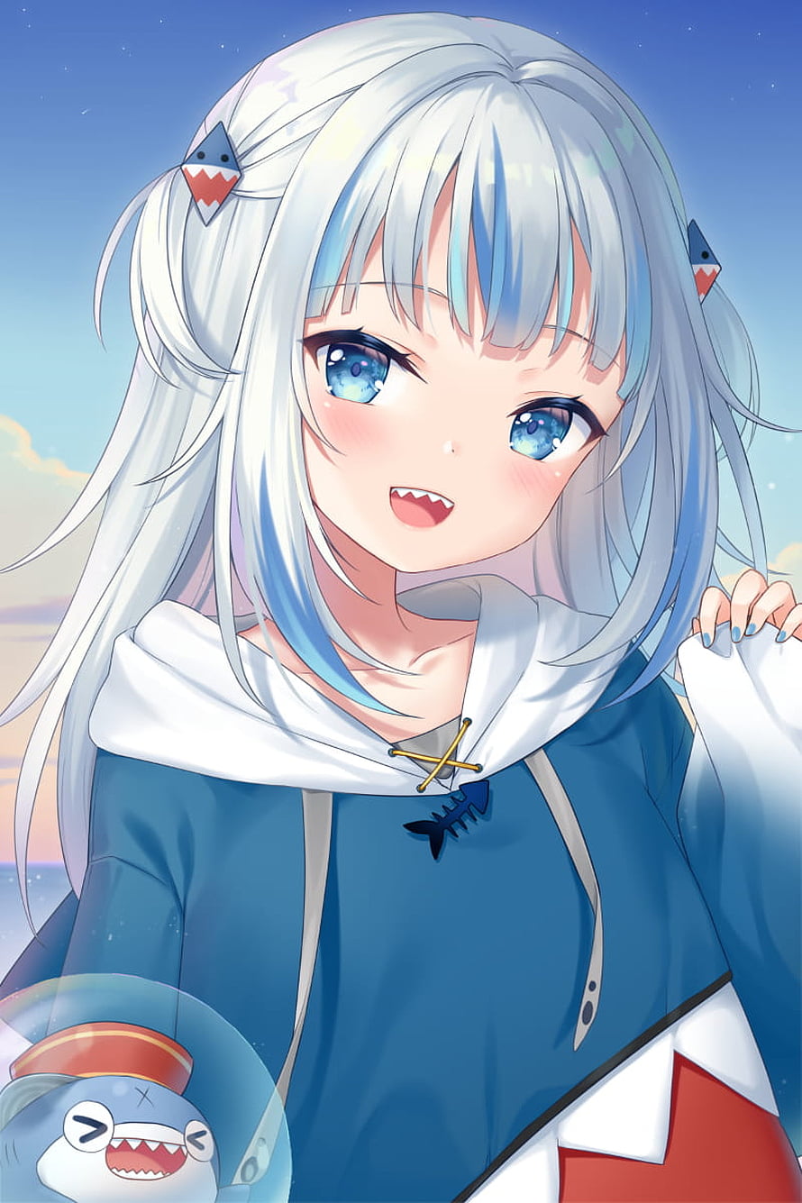 Gawr Gura Anime Girl with White Hair and Blue Eyes in Hoodie HD phone wallpaper