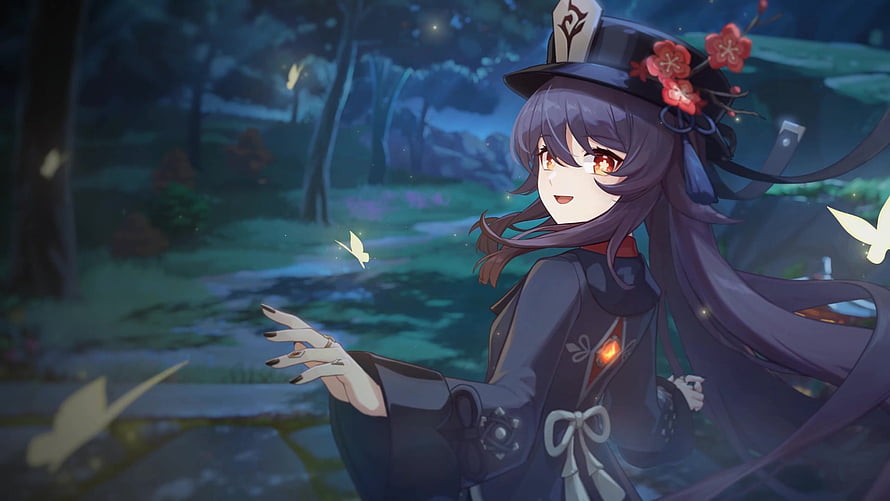 Hu Tao from Genshin Impact in a Dark Forest with Glowing Butterflies HD wallpaper