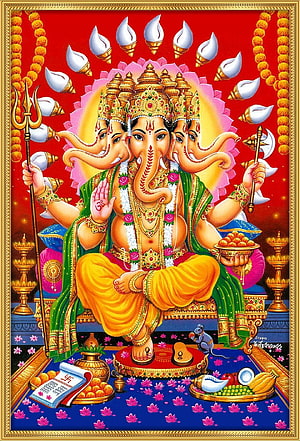 Panchmukhi Ganesha Devotional Artwork with Five Faces and Traditional Offerings HD phone wallpaper