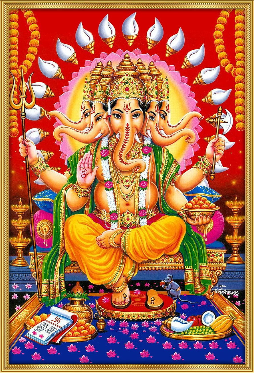Panchmukhi Ganesha Devotional Artwork with Five Faces and Traditional Offerings HD phone wallpaper