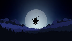 Demon Slayer Silhouette Leaping Against Full Moon Over Mountainous Night Landscape HD wallpaper