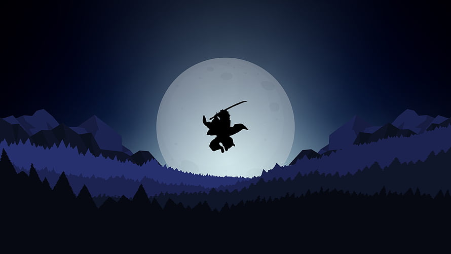 Demon Slayer Silhouette Leaping Against Full Moon Over Mountainous Night Landscape HD wallpaper