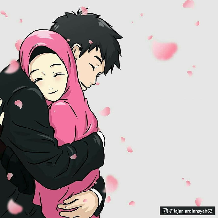 Anime Muslim Couple Embrace with Pink Hijab and Falling Petals HD phone wallpaper