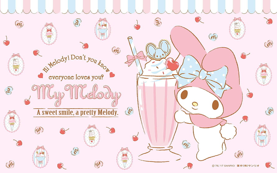 My Melody with Strawberry Milkshake and Cherry Pattern on Pink Background HD wallpaper