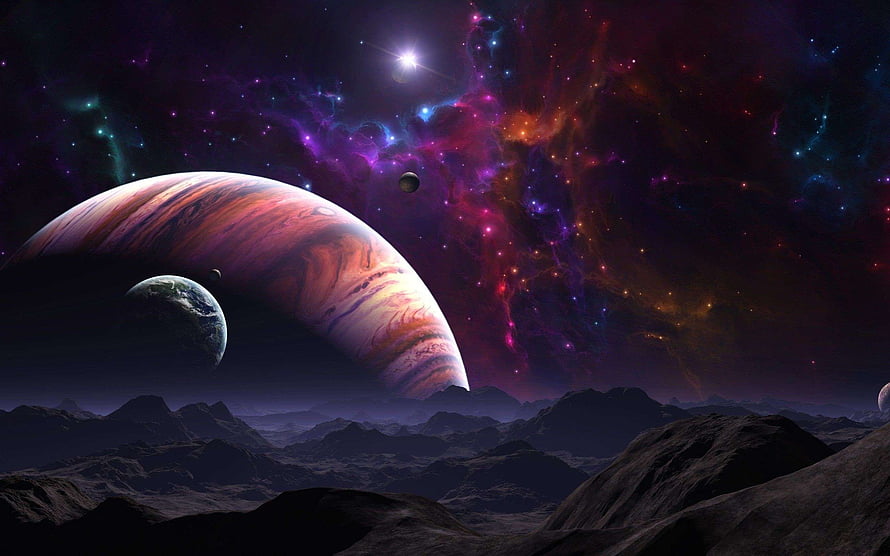 Vast Cosmic Landscape Featuring Giant Gas Planet, Distant Moon, and Vibrant Nebula Over Rugged Terrain HD wallpaper