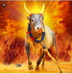 Jallikattu Kaalai Bull with Horns and Rope Harness Against Fiery Orange Background HD phone wallpaper