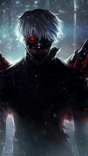 Demon Boy Anime Character with Glowing Red Eyes and Dark Mask in Snowy Atmosphere HD phone wallpaper