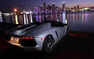 White Lamborghini Aventador Roadster Parked by Waterfront at Night with City Skyline HD wallpaper