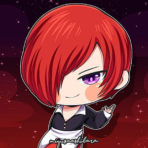 Iori Yagami Chibi Character with Red Hair and Purple Eyes on Starry Background HD phone wallpaper