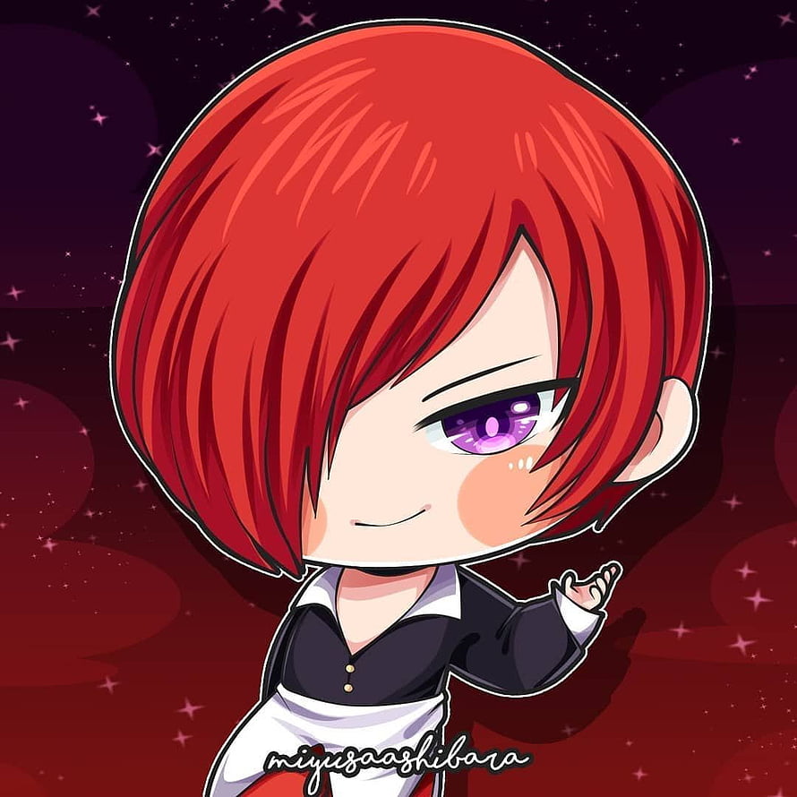 Iori Yagami Chibi Character with Red Hair and Purple Eyes on Starry Background HD phone wallpaper