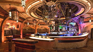 Star Wars Cantina Interior with Sci-Fi Bar and Industrial Ceiling HD wallpaper