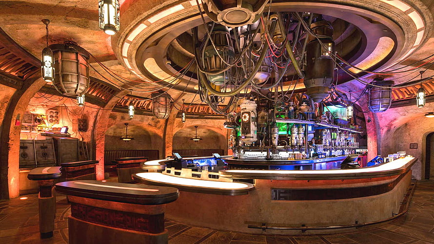 Star Wars Cantina Interior with Sci-Fi Bar and Industrial Ceiling HD wallpaper