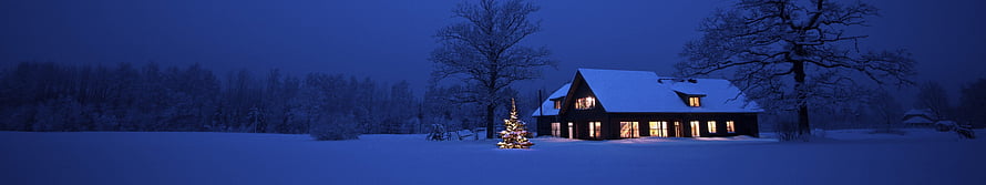 Cozy Snow-Covered Cabin at Night with Illuminated Christmas Tree in Winter Landscape HD wallpaper