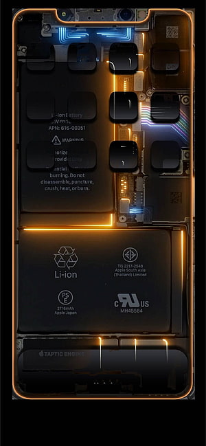 iPhone 13 Internal Hardware Layout with Glowing Circuit Traces and Battery Components HD phone wallpaper