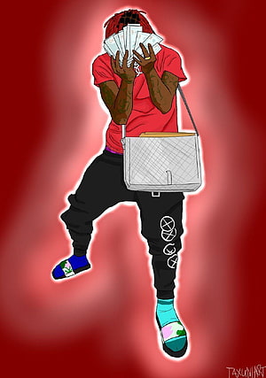 Famous Dex Digital Illustration Holding Cash in Red Shirt and Black Pants HD phone wallpaper