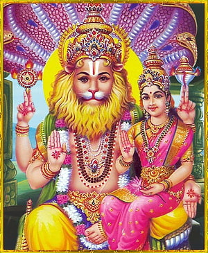 Lakshmi Narasimha Swamy Devotional Artwork with Multi-Headed Serpent Canopy HD phone wallpaper